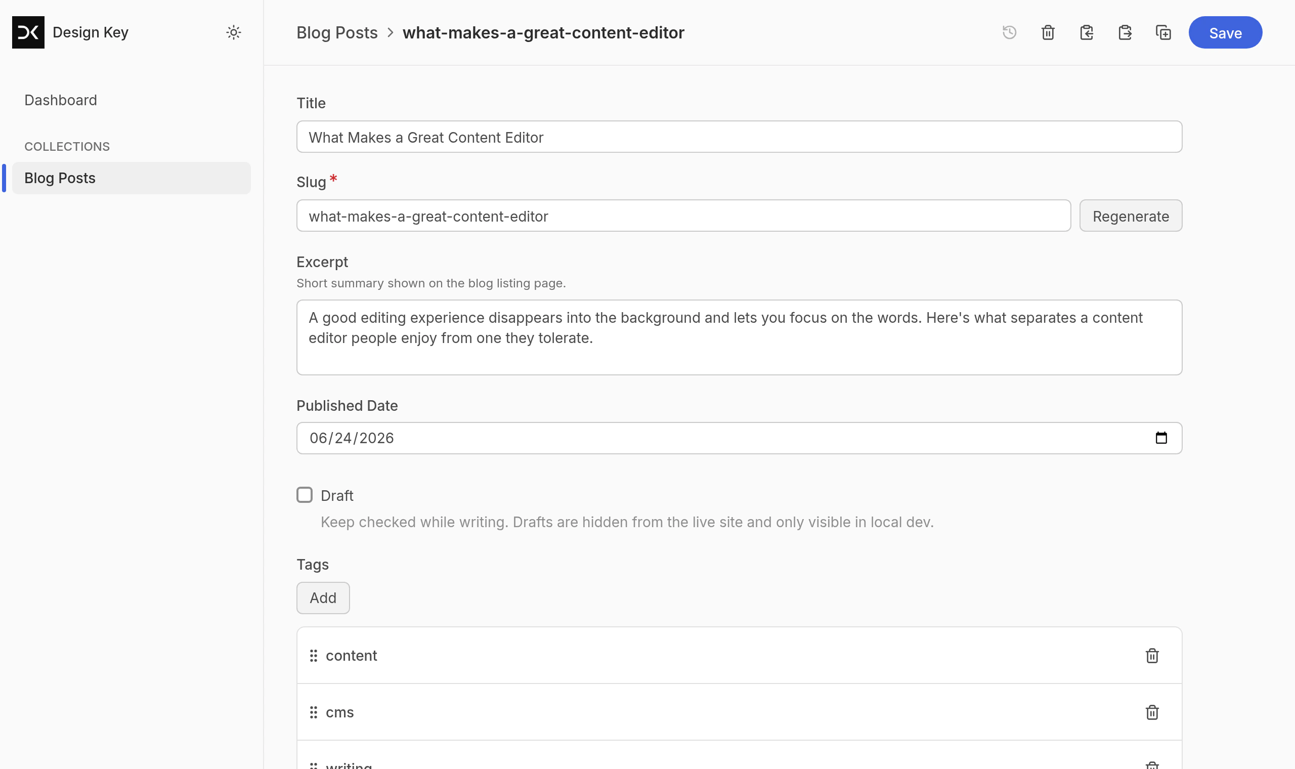 The Keystatic post editor showing the typed fields for a blog post: title, slug, excerpt, published date, draft toggle, and tags