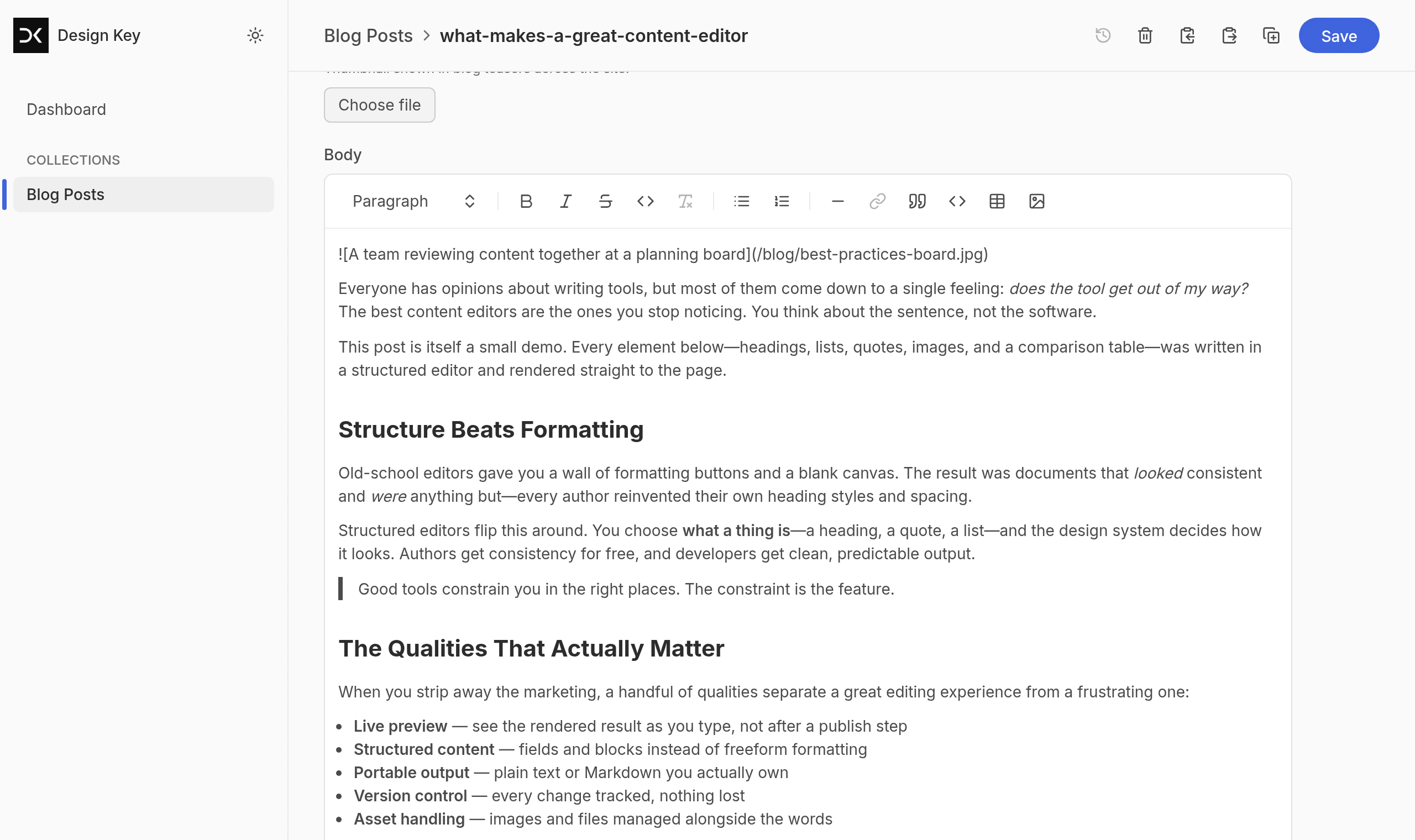 The Keystatic rich text editor with a formatting toolbar for headings, lists, quotes, links, images, and tables, editing the body of a blog post